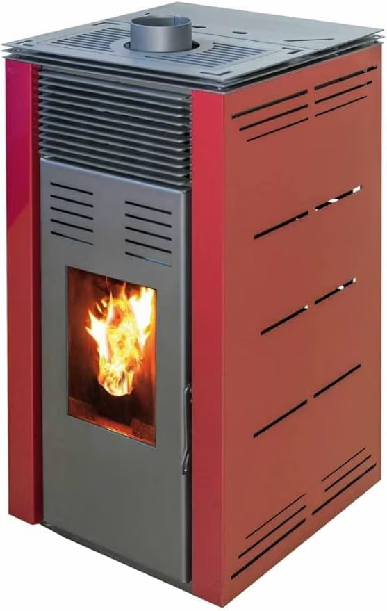 Pelletheizung ohne Strommodell NATUR STYLE 8 kW. Es funktioniert ohne Anschluss an das Stromnetz. Die Farbe Burgunder