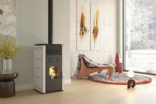 Pelletheizung ohne Strommodell NATUR STYLE 8 kW. Es funktioniert ohne Anschluss an das Stromnetz. Die Farbe Burgunder